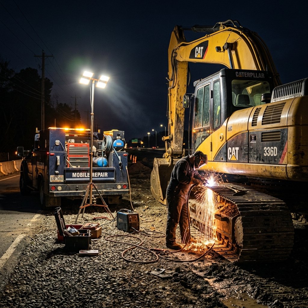 Dark workshop with truck under repair at night